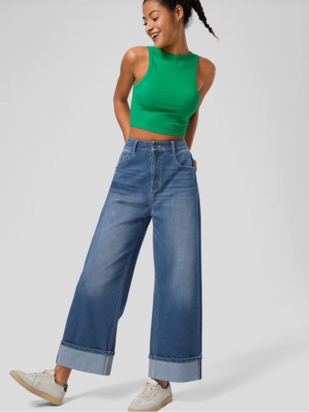 Halara Flex High Waisted Wide Leg Cuffed Jeans Stretch Denim Size S 4-6 - Picture 2 of 11